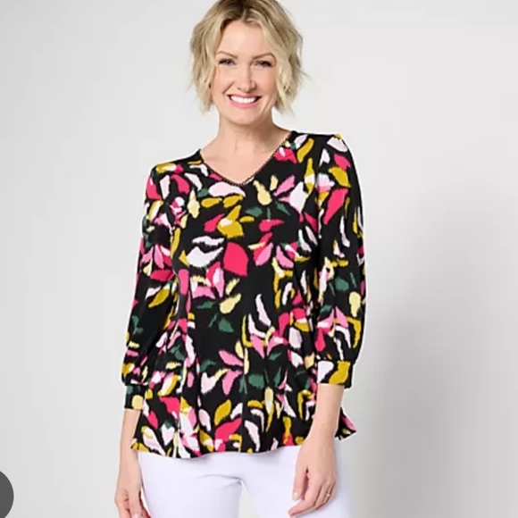 Susan Graver Liquid Knit Fit N Flare Abstract Print Top In 1X Brand New - Picture 2 of 10